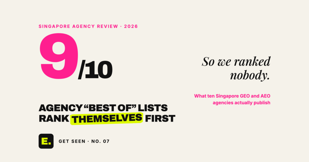 Cover: nine of ten Singapore agency best-of lists rank themselves first, from a 2026 GEO and AEO agency review