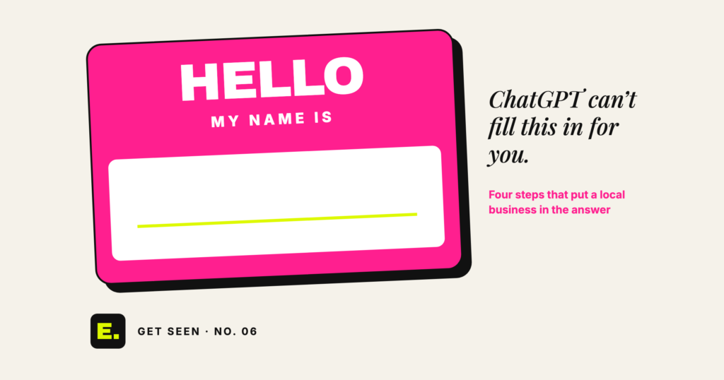Blank pink HELLO MY NAME IS tag, for an article on getting a Singapore business mentioned in ChatGPT answers